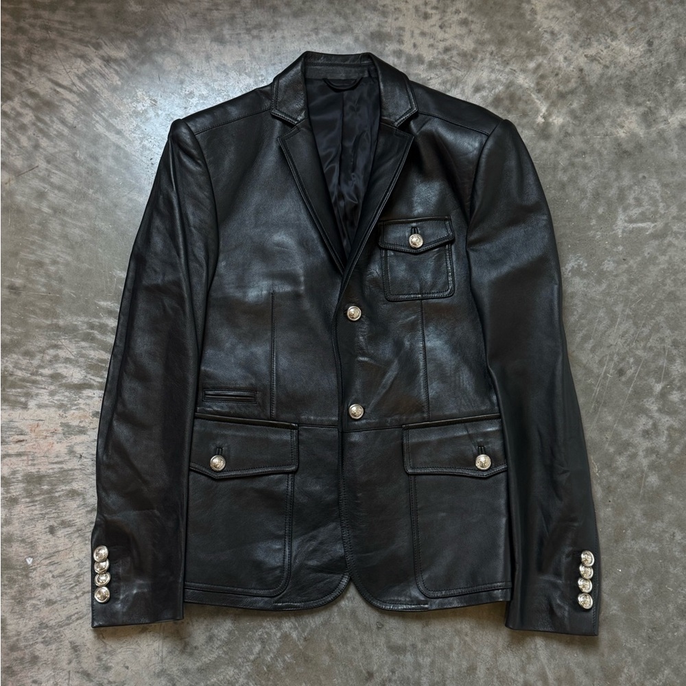 Gucci Women’s Black Leather Blazer Silver Buttons Size 46 Made in Italy